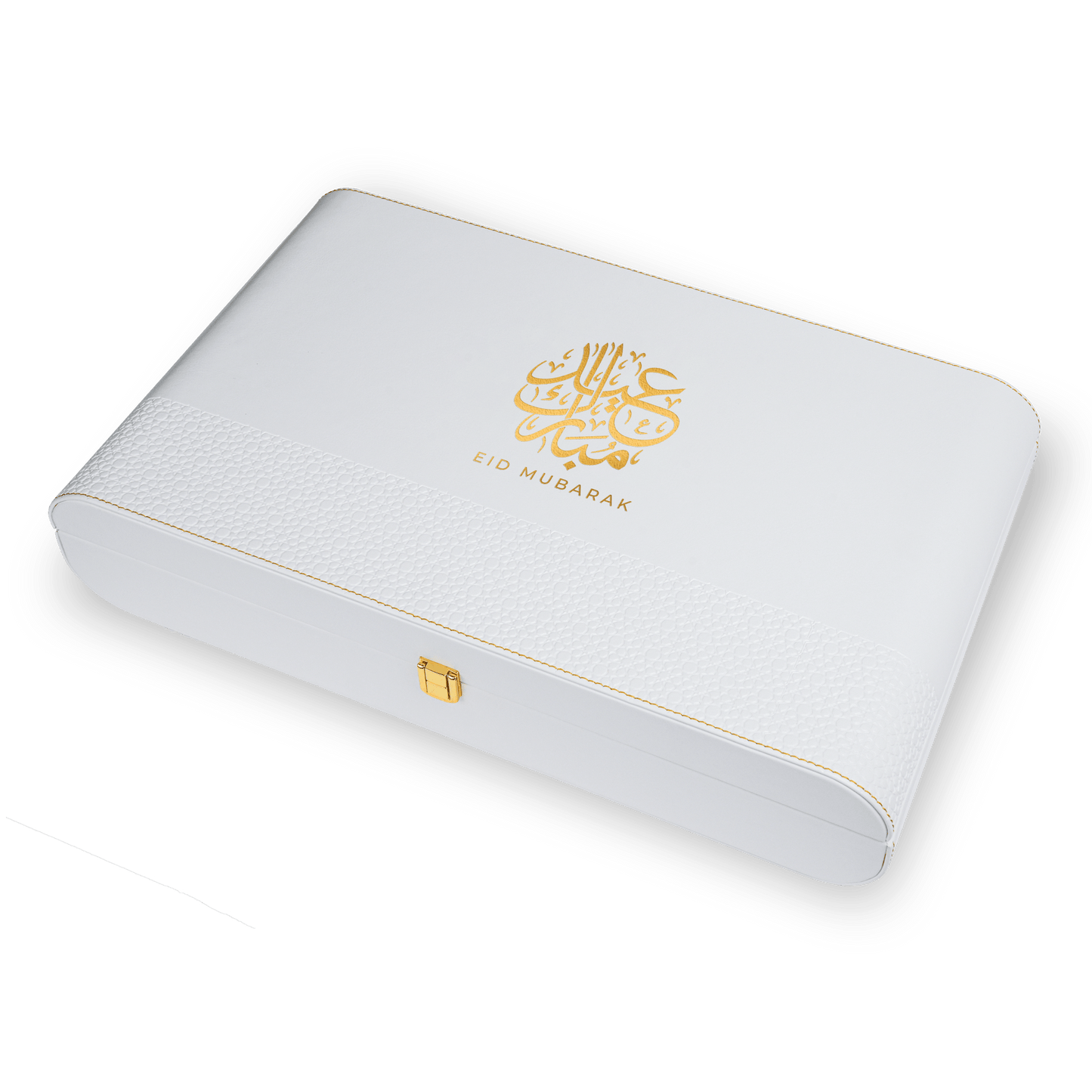 علبة جلد بيضاء فاخرة تحتوي على (عسل السدر 140غ و عسل السمر 140غ ) مع مجموعة من التمر بالمكسرات