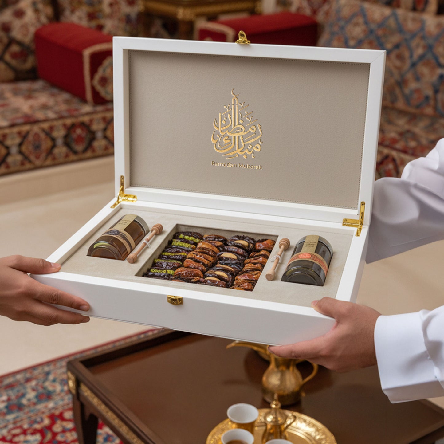 White Leather Box (250g Sidr and 250g Samar) With Dates With Nuts with bag | Ramadan