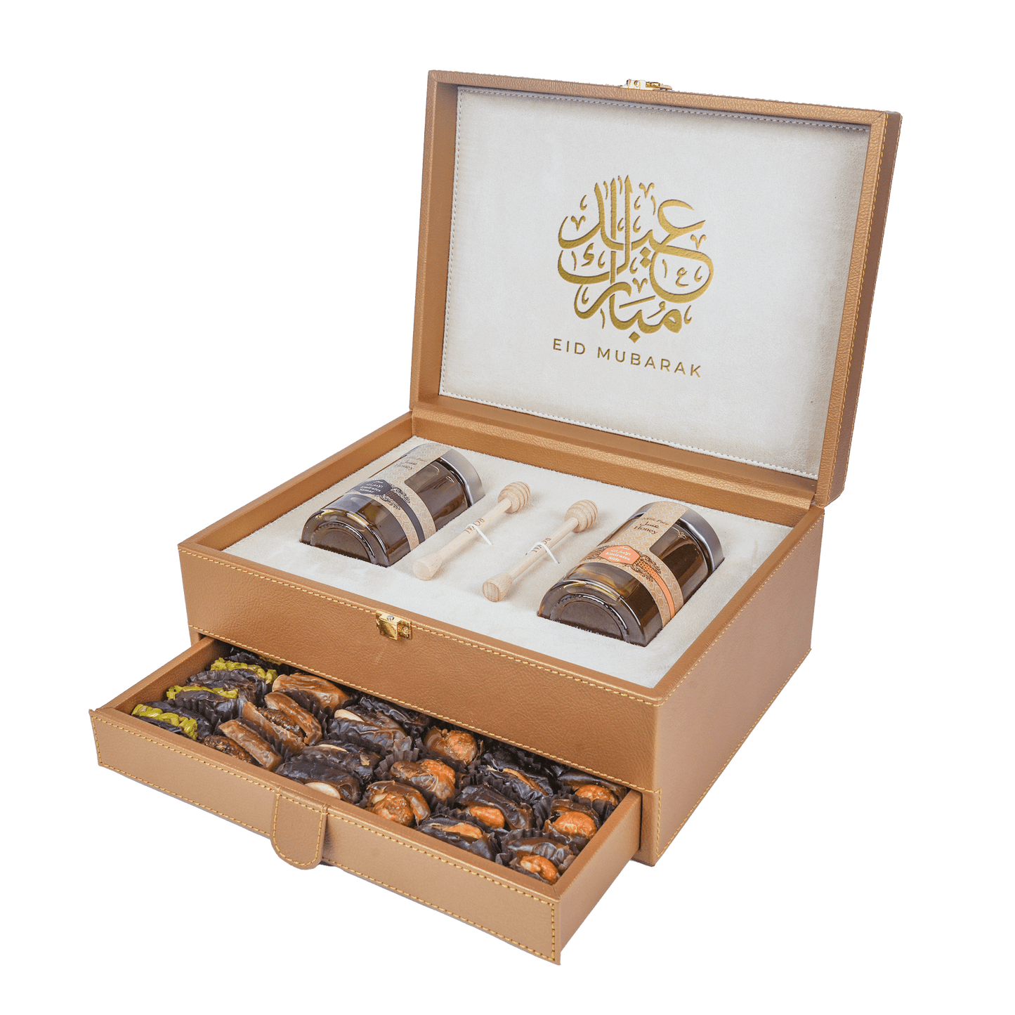 Golden Leather Box With Drawer (250g Sidr and 250g Samar) With Dates With Nuts | EID