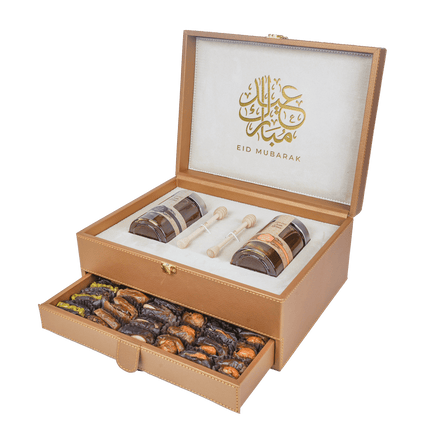 Golden Leather Box With Drawer (250g Sidr and 250g Samar) With Dates With Nuts | EID