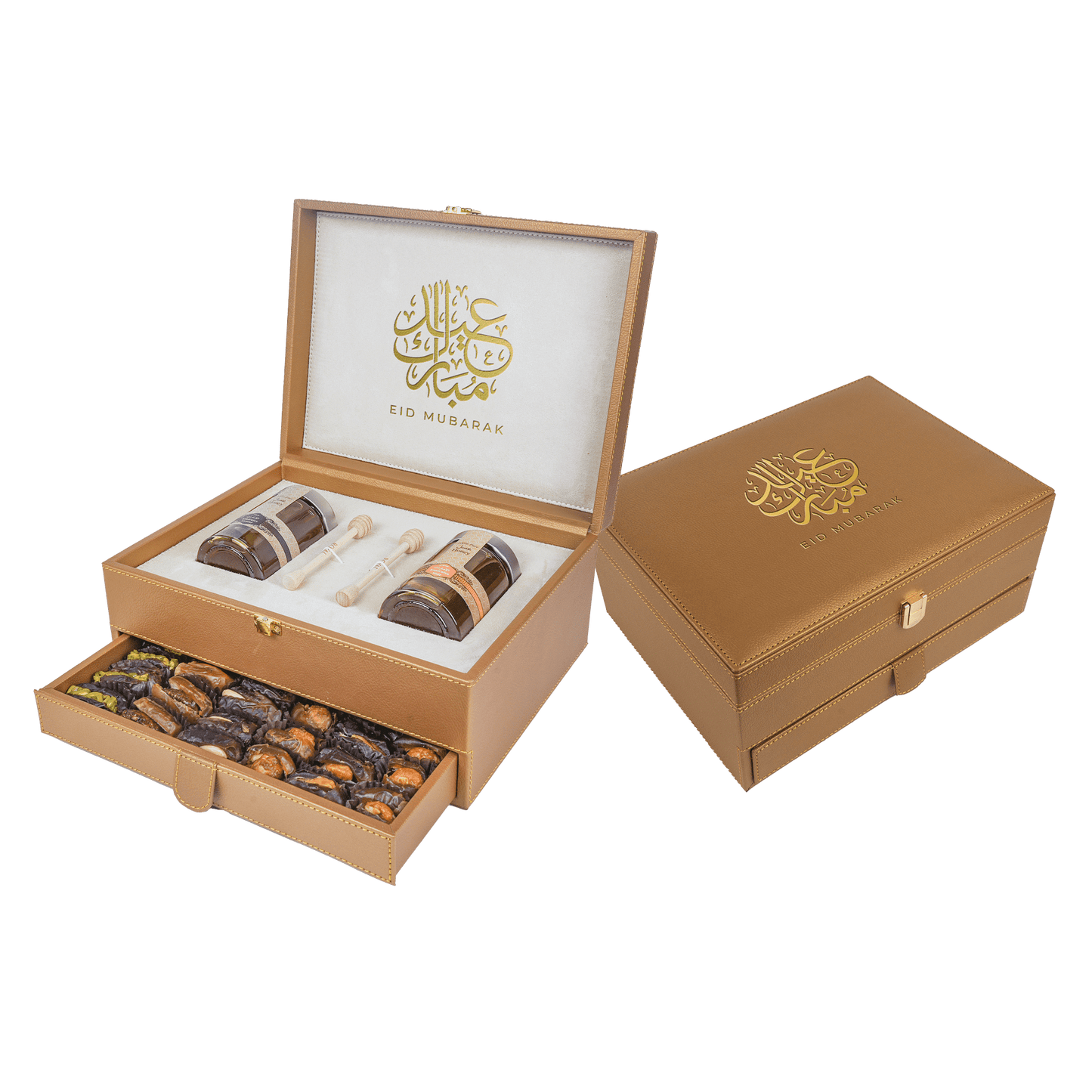 Golden Leather Box With Drawer (250g Sidr and 250g Samar) With Dates With Nuts | EID