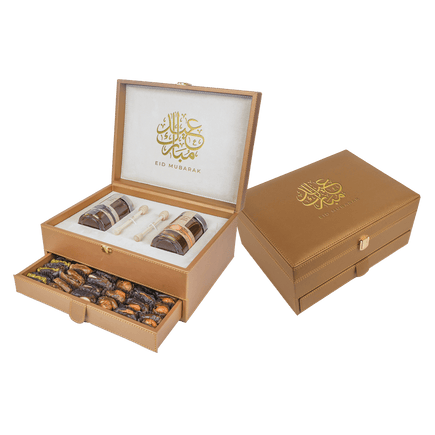 Golden Leather Box With Drawer (250g Sidr and 250g Samar) With Dates With Nuts | EID