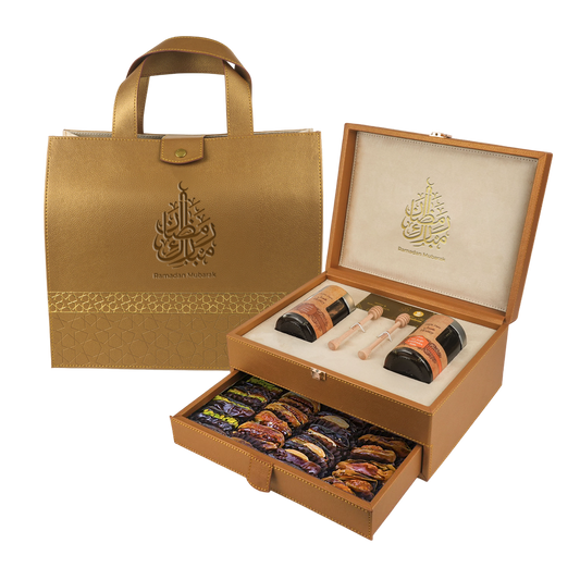 Golden Leather Box With Drawer (250g Sidr and 250g Samar) With Dates With Nuts | Ramadan