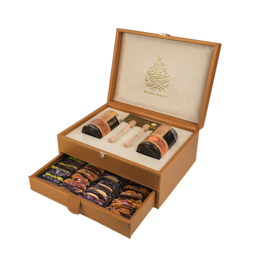 Golden Leather Box With Drawer (250g Sidr and 250g Samar) With Dates With Nuts | Ramadan