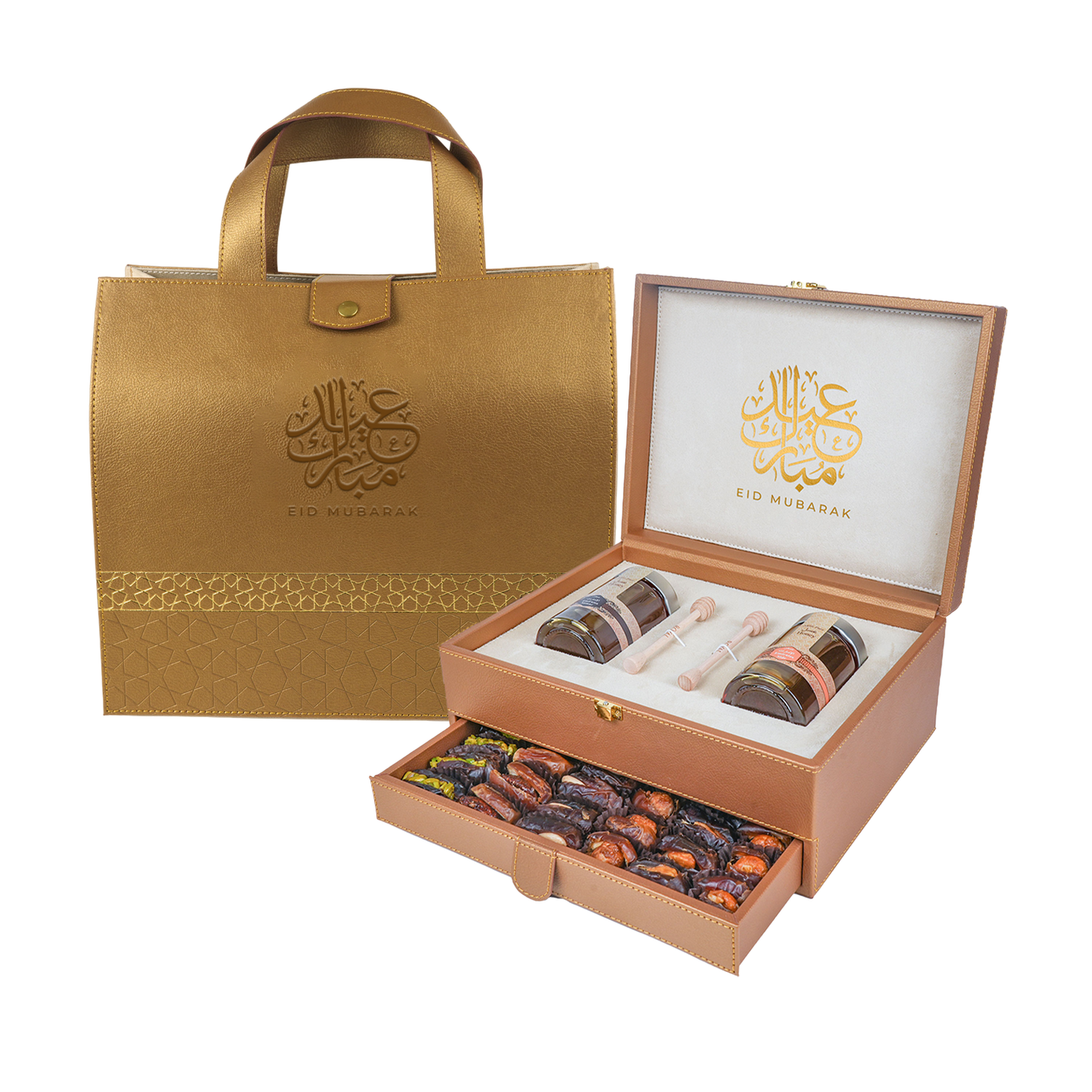 Golden Leather Box With Drawer (250g Sidr and 250g Samar) With Dates With Nuts | EID