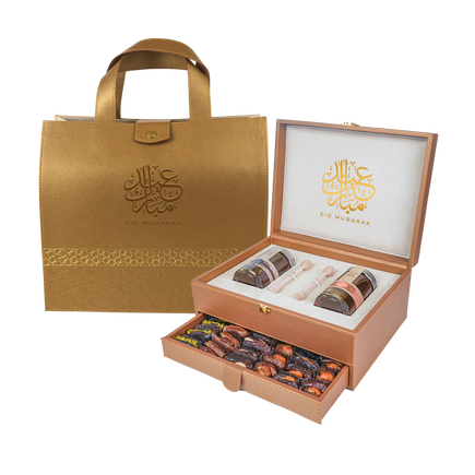 Golden Leather Box With Drawer (250g Sidr and 250g Samar) With Dates With Nuts | EID