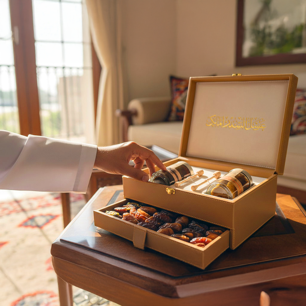 Customize Royal Golden Leather Box With Drawer (250g Sidr and 250g Samar) With Dates With Nuts