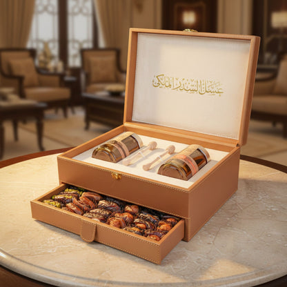 Customize Royal Golden Leather Box With Drawer (250g Sidr and 250g Samar) With Dates With Nuts