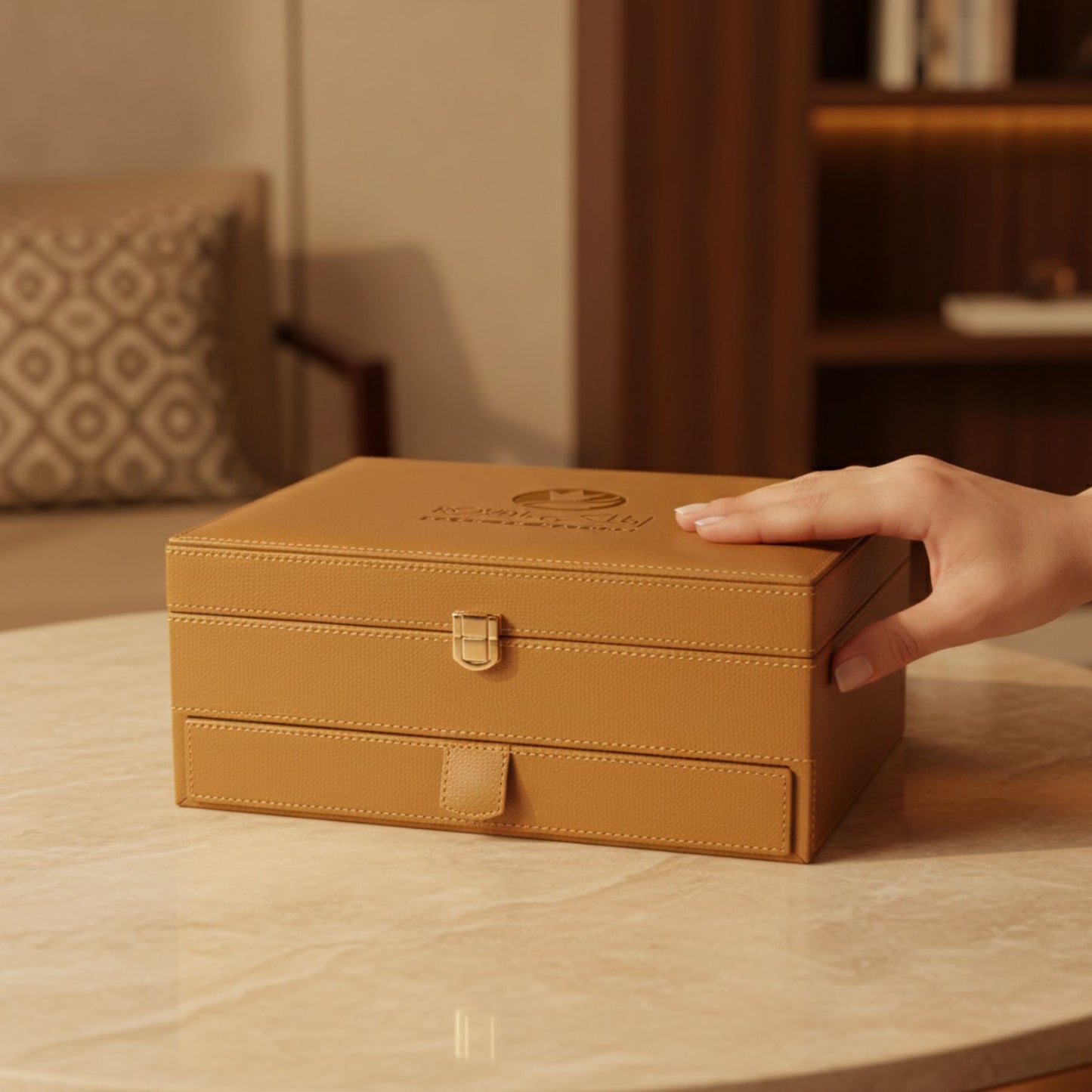 Customize Royal Golden Leather Box With Drawer (250g Sidr and 250g Samar) With Dates With Nuts