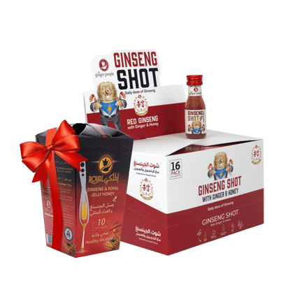 شوت الجنسنغ 16 عبوة مع هدية ملاعق عسل الجنسنغ والغذاء الملكي 10 قطع