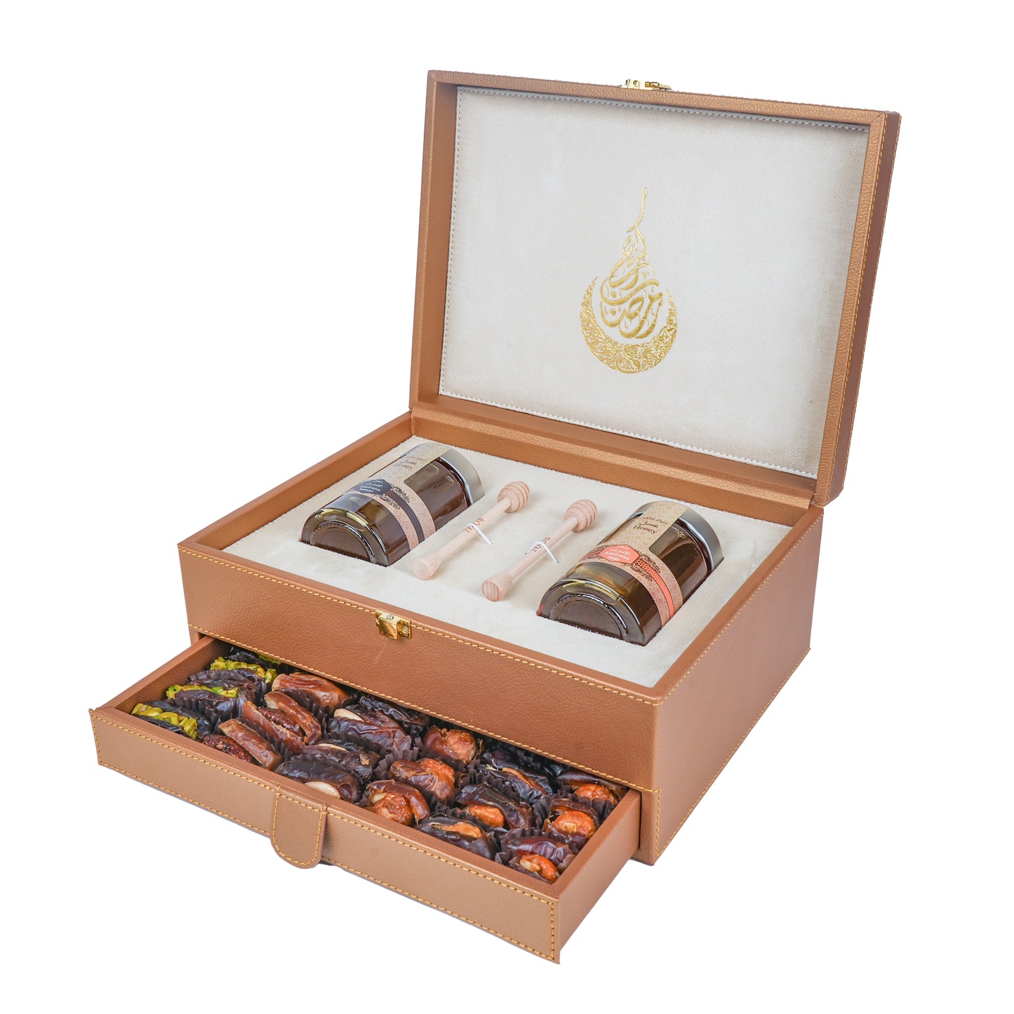 Golden Leather Box With Drawer (250g Sidr and 250g Samar) With Dates With Nuts | Ramadan