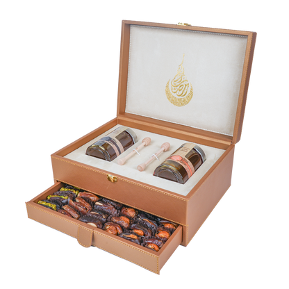 Golden Leather Box With Drawer (250g Sidr and 250g Samar) With Dates With Nuts | Ramadan