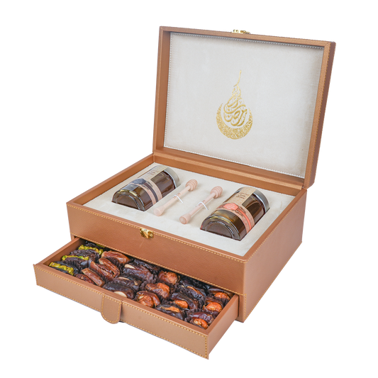 Golden Leather Box With Drawer (250g Sidr and 250g Samar) With Dates With Nuts | Ramadan