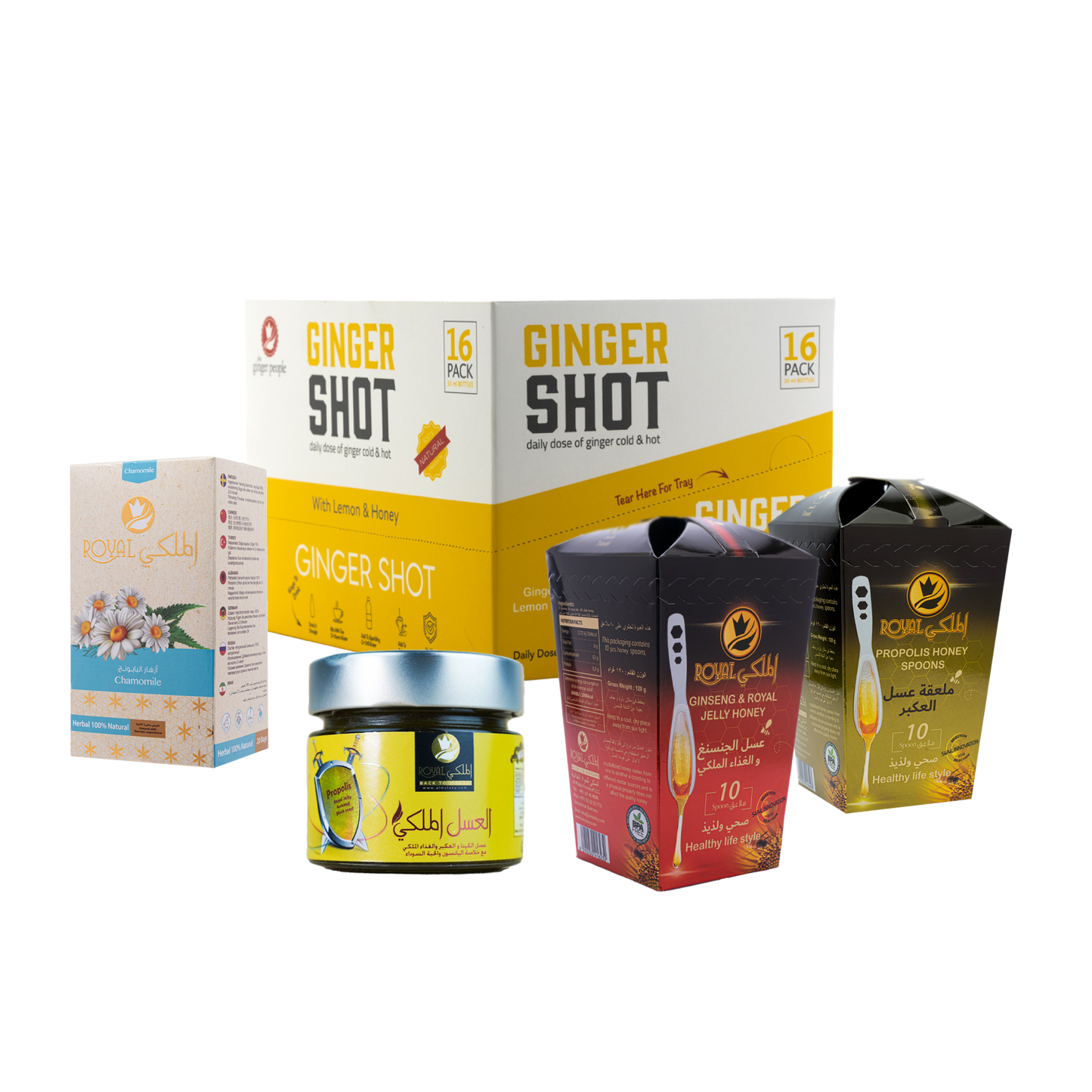Hajj Set (Ginger Shot - Propolis Spoon - Ginseng - Spoon - Immunity Honey and Chamomile Tea)