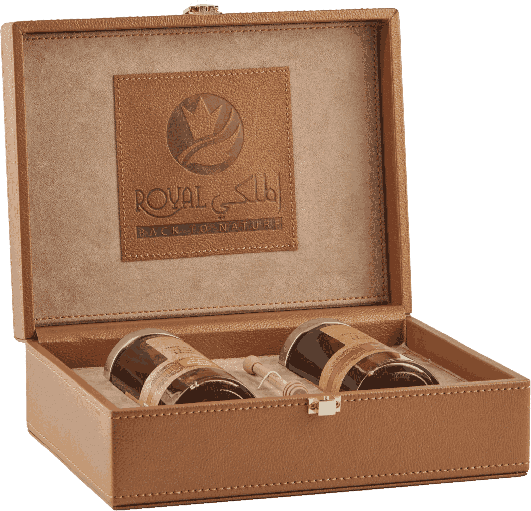 الهدية المخصصة - صندوق جلدي فاخر  (عسل السدر الإماراتي & عسل السمر الإماراتي)