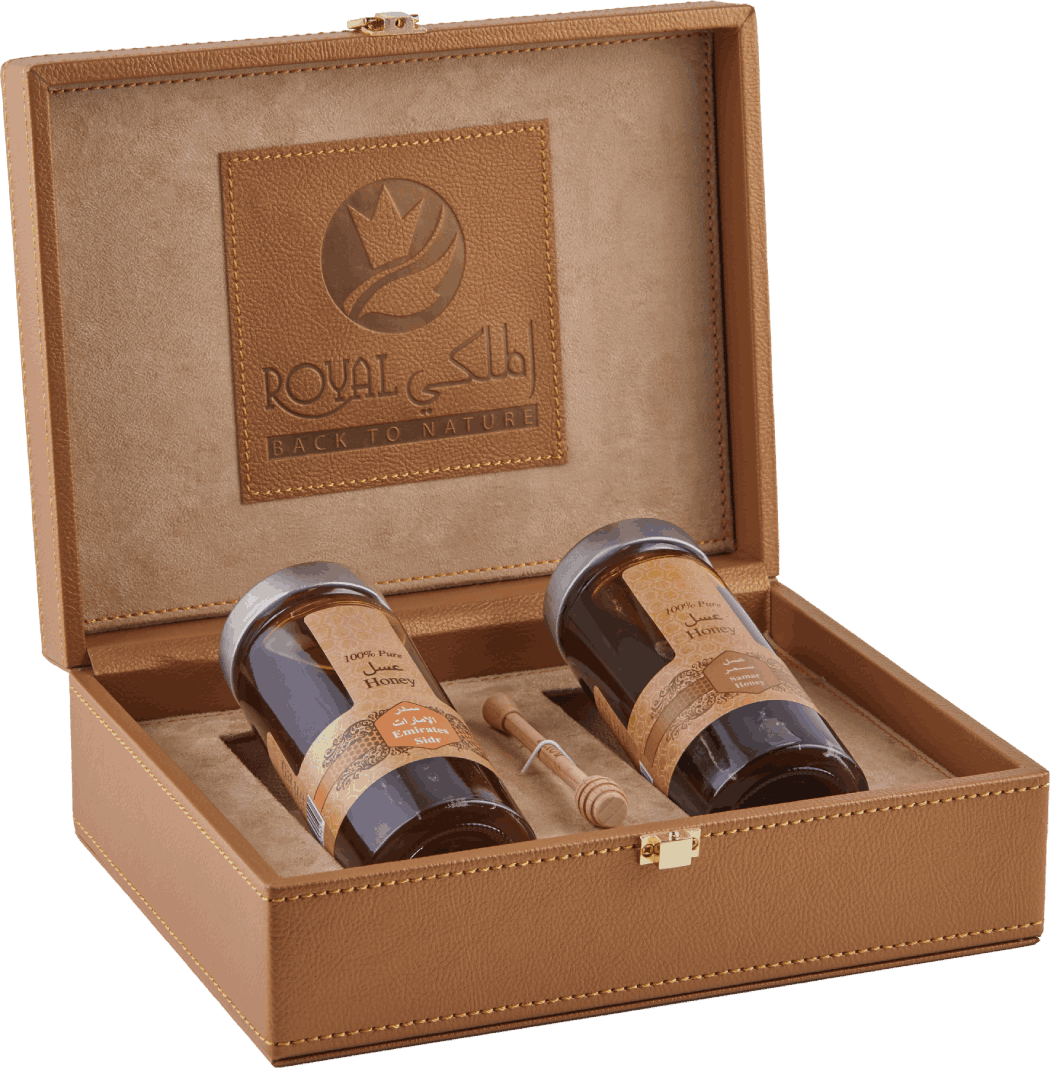 الهدية المخصصة - صندوق جلدي فاخر  (عسل السدر الإماراتي & عسل السمر الإماراتي)