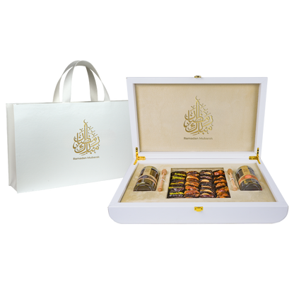 White Leather Box  (250g Sidr and 250g Samar) With Dates With Nuts with bag | Ramadan