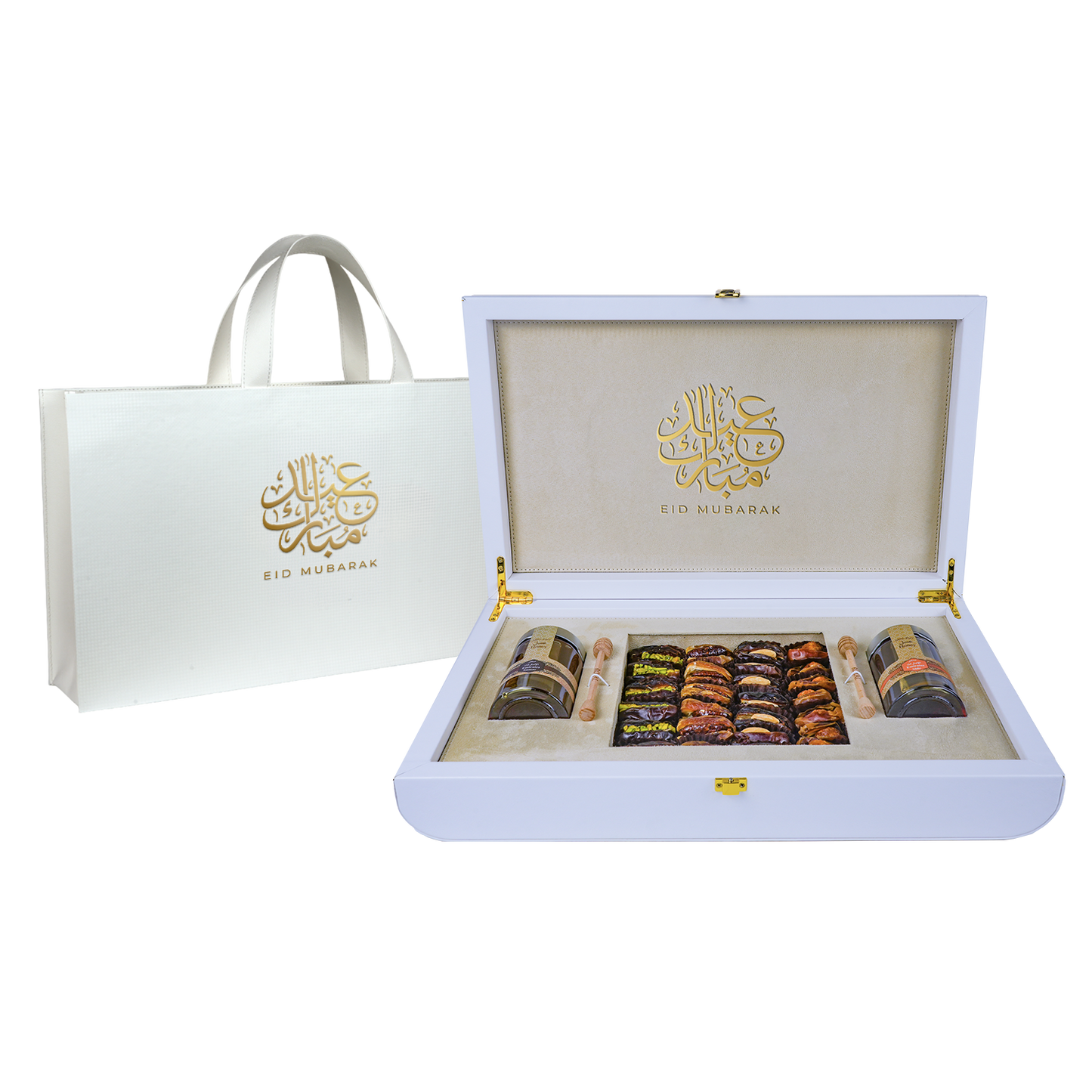 علبة جلد بيضاء فاخرة تحتوي على (عسل السدر 140غ و عسل السمر 140غ ) مع مجموعة من التمر بالمكسرات