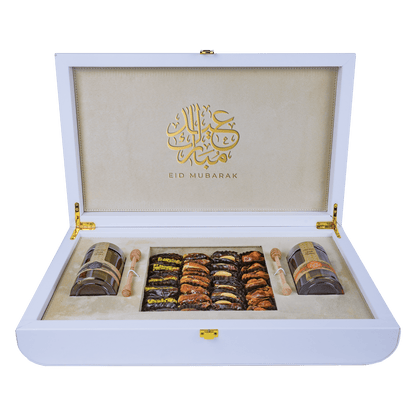 White Leather Box  (140g Sidr and 140g Samar) With Dates With Nuts | Eid