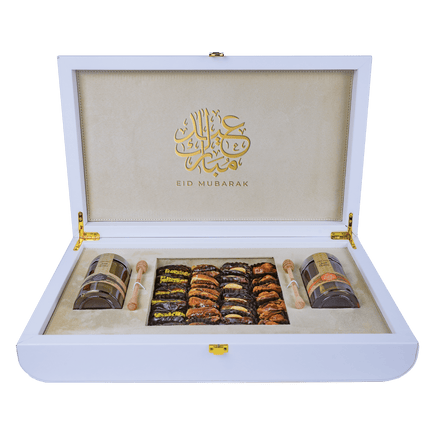 White Leather Box  (140g Sidr and 140g Samar) With Dates With Nuts | Eid