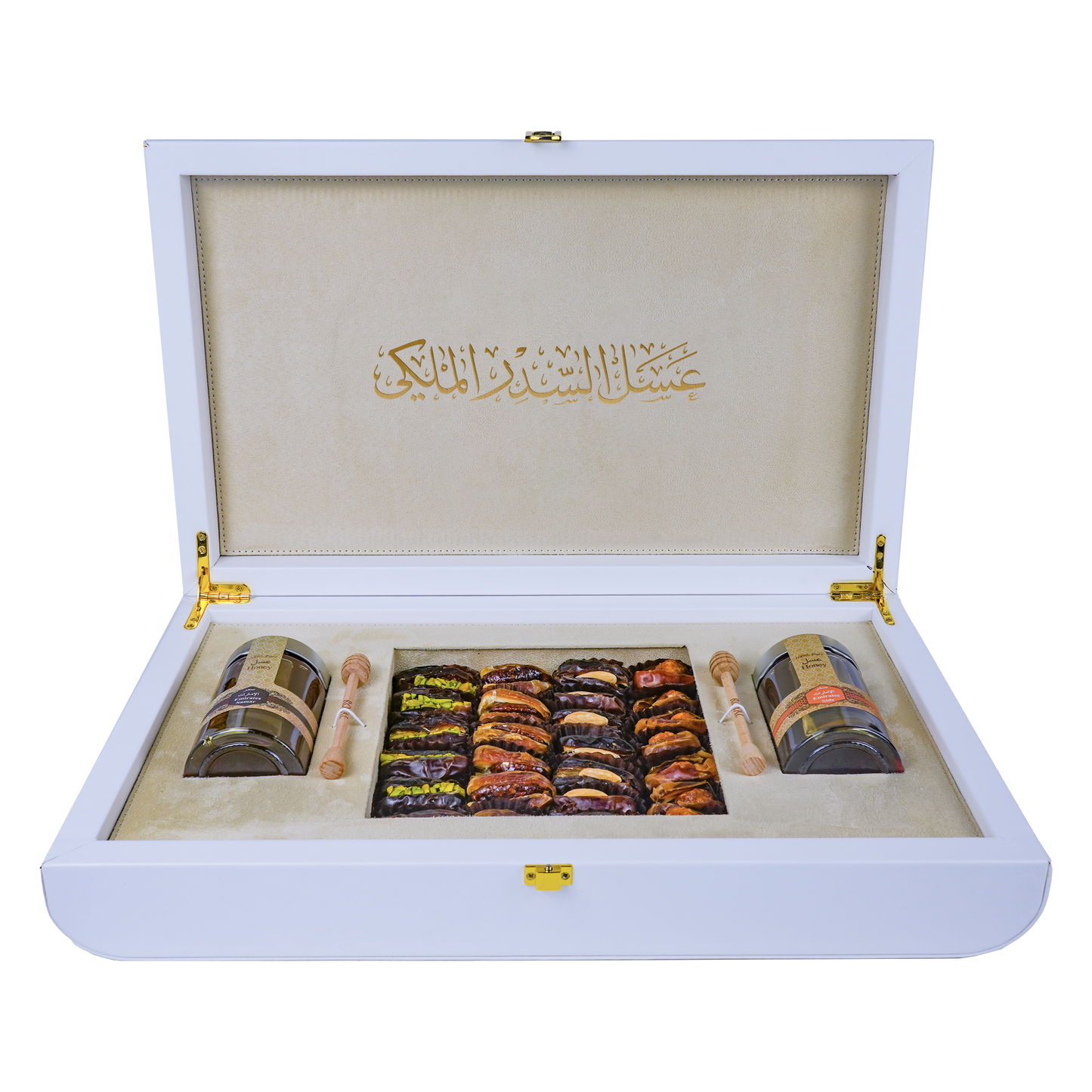 Customize Royal White Leather Box  (250g Sidr and 250g Samar) With Dates With Nuts With Leather Bag