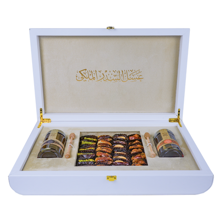 Customize Royal White Leather Box  (250g Sidr and 250g Samar) With Dates With Nuts With Leather Bag